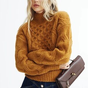 Commense Rust Orange Cable Knit Turtleneck Cozy Sweater XS NWT